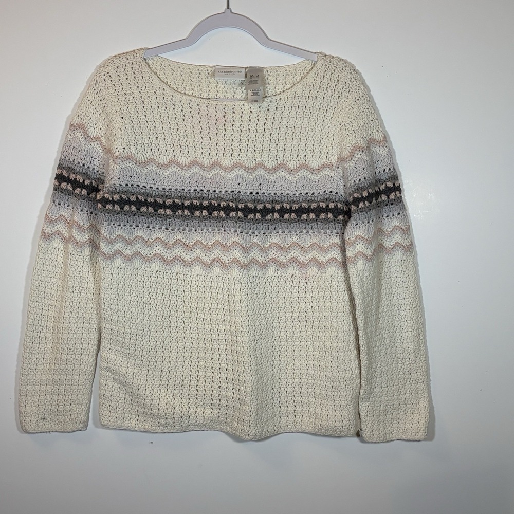 Liz Claiborne Liz & Co Women's White Sweater W/ Gray & Pink Accents‎ Size Small